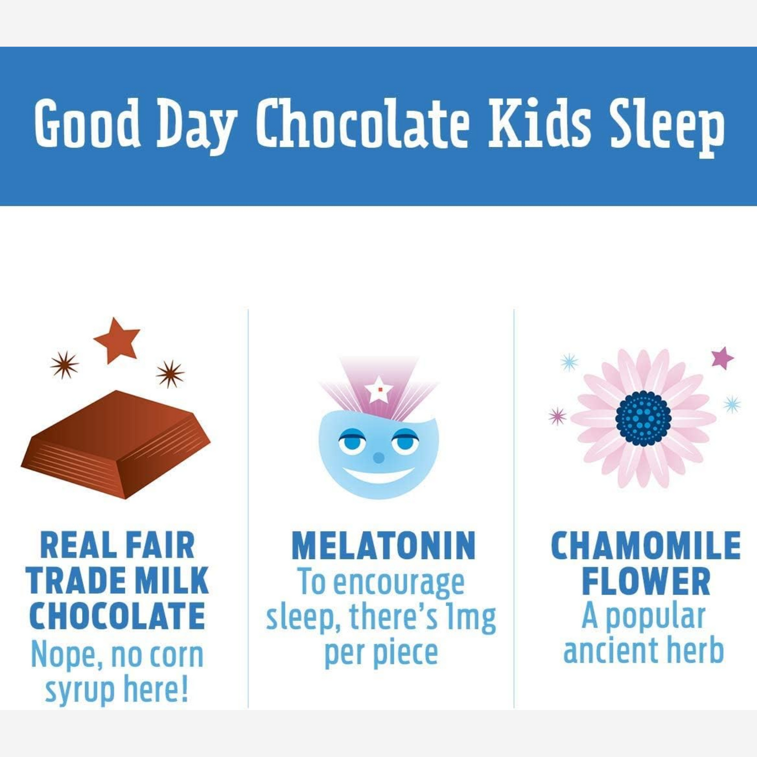 Good Day Chocolate Melatonin for Kids [50 Count] - Fair Trade Non-GMO Milk Chocolate with Chamomile and Melatonin 1 mg
