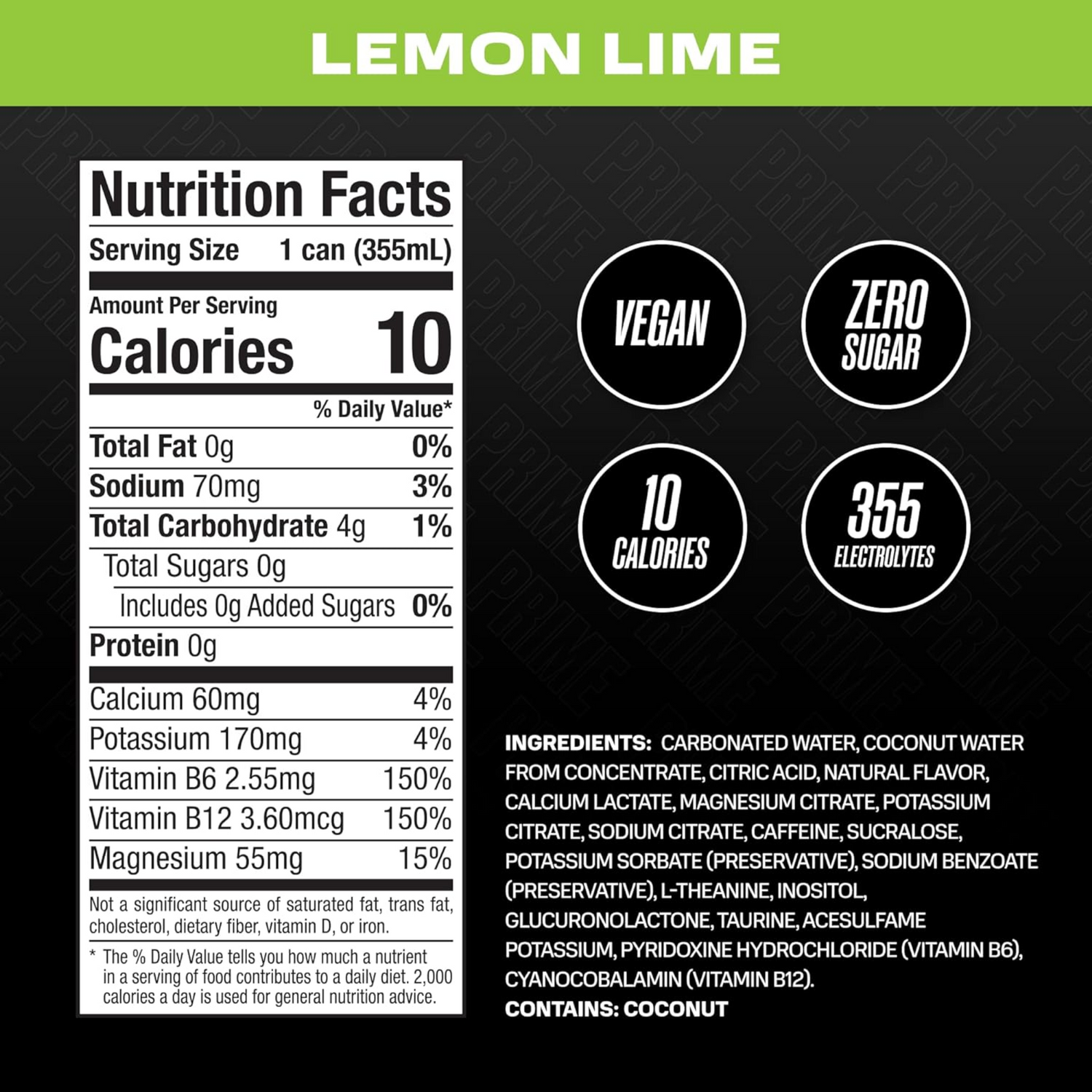 PRIME Energy LEMON LIME Zero Sugar Energy Drink Preworkout Energy 200mg