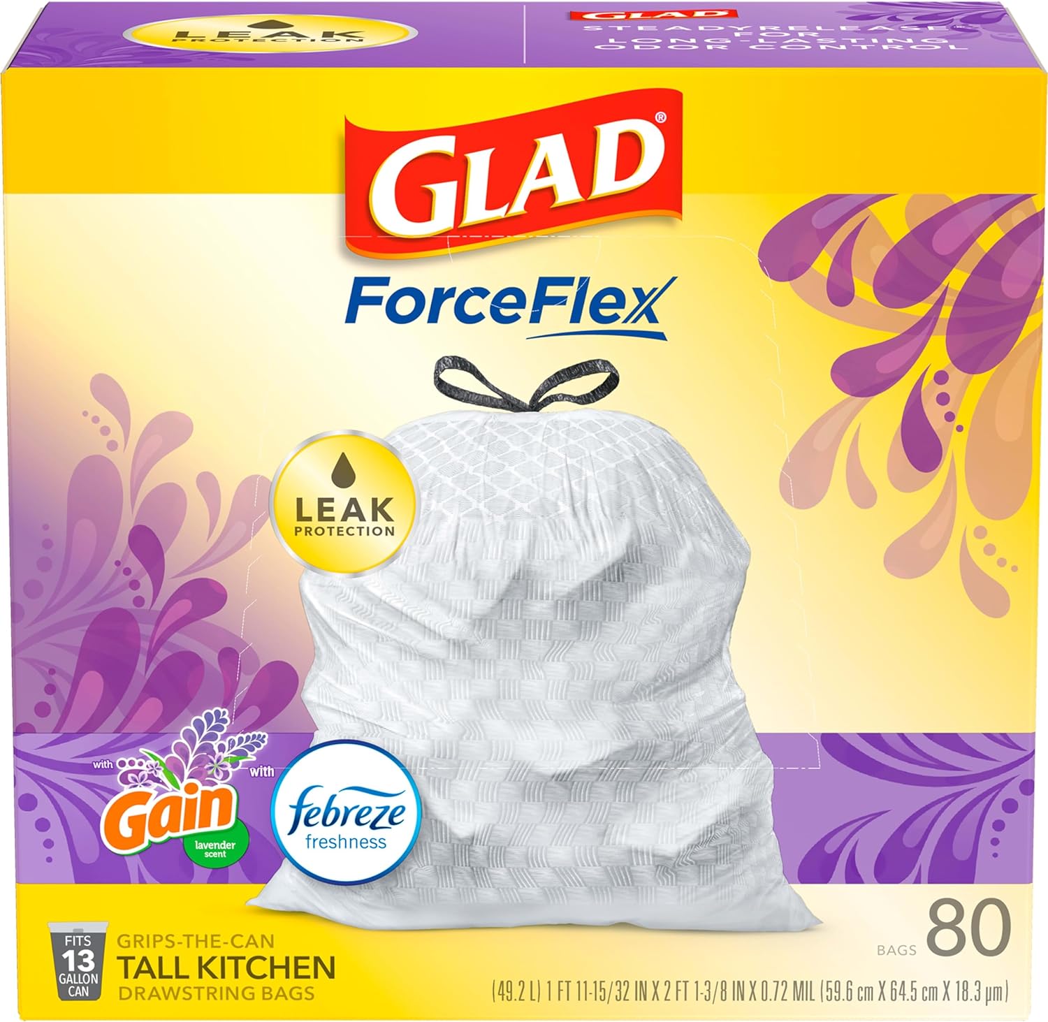 Glad Trash Bags, ForceFlex Tall Kitchen Drawstring Garbage Bags 13 Gallon White Trash Bag