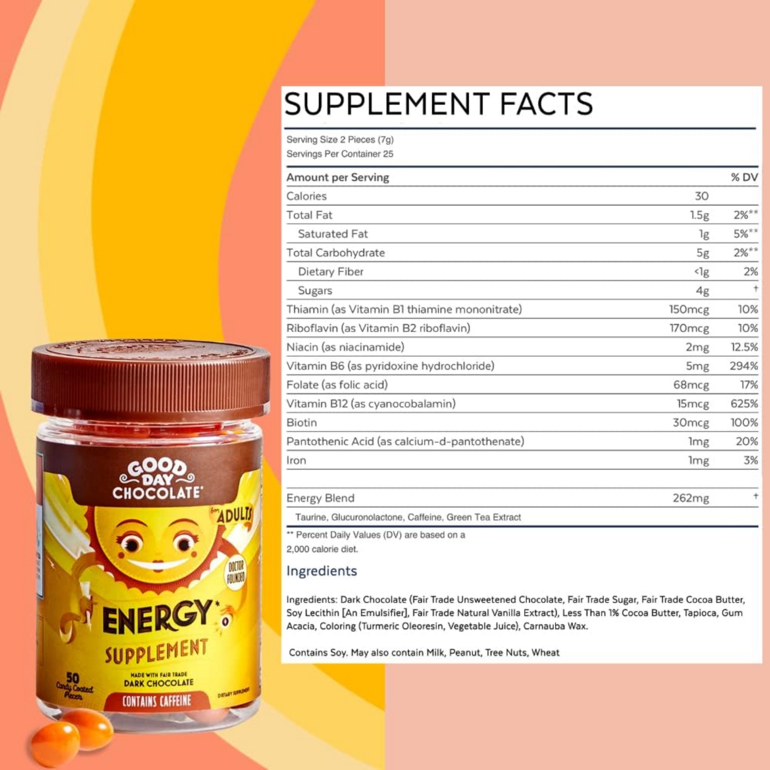 Good Day Chocolate Energy Supplements for Adults [50 Count] Fair Trade Caffeine Chocolate with B-Vitamins