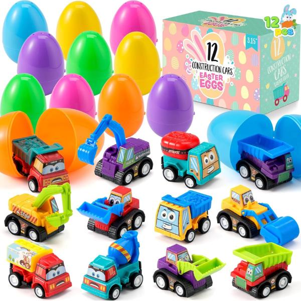 12 Pack Pull Back Cars Prefilled Easter Eggs – 3.2in Toy Vehicles for Egg Hunts