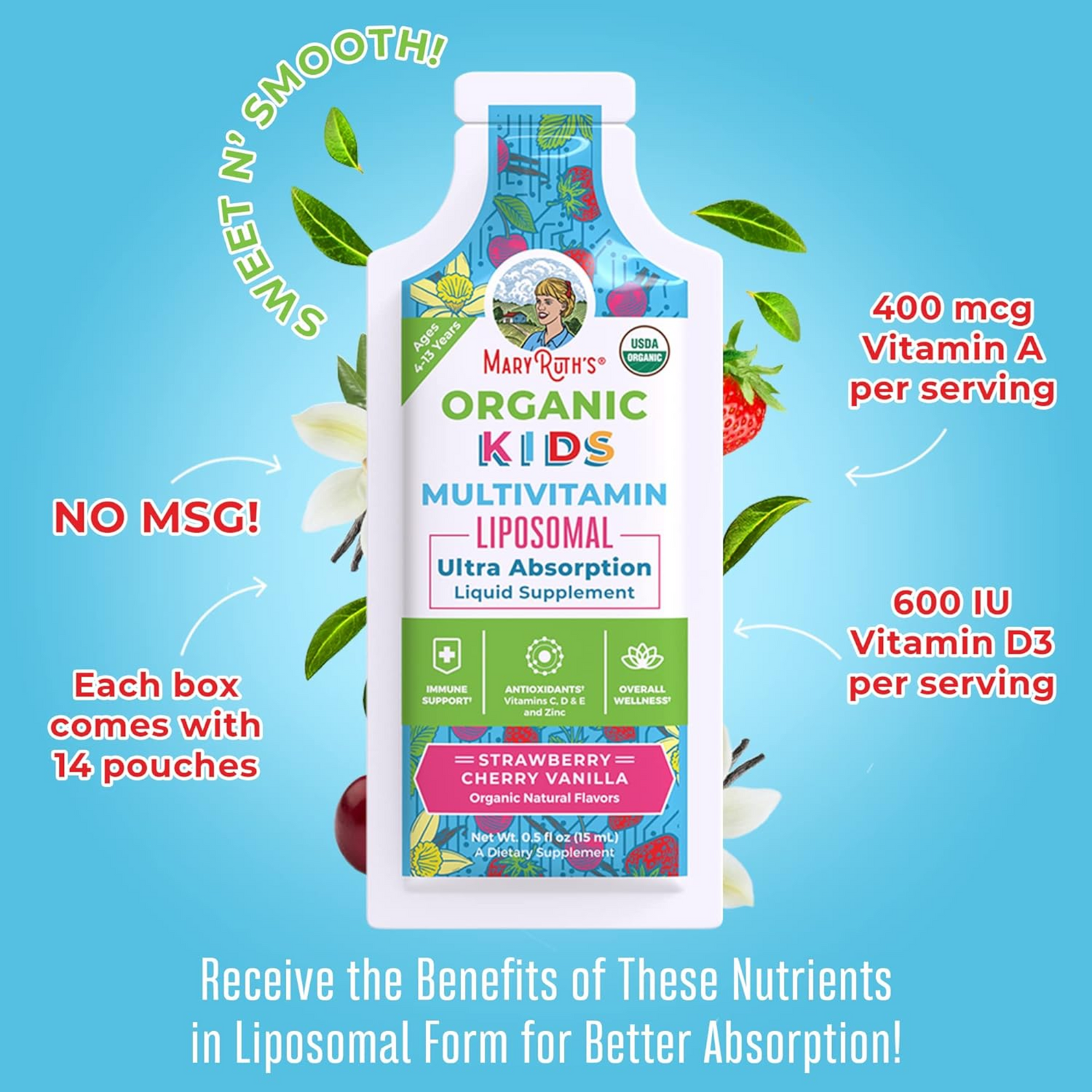 MaryRuth Organics Vitamin USDA, Sugar Free Kids Multivitamin Liquid, Immune Support Supplement 14-0.5 Fl Oz Pouches, Pack of 1