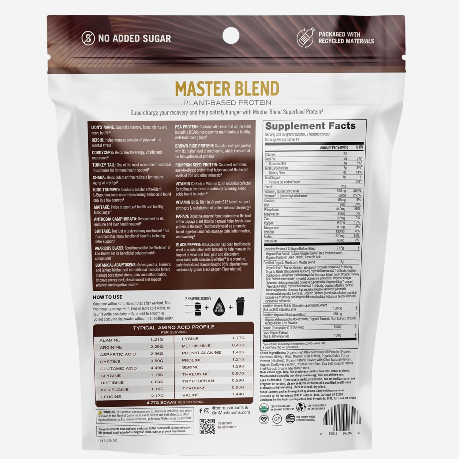 Om Mushroom Superfood Master Blend Plant-Based Protein Powder, 19.26 Ounce, 14 Servings