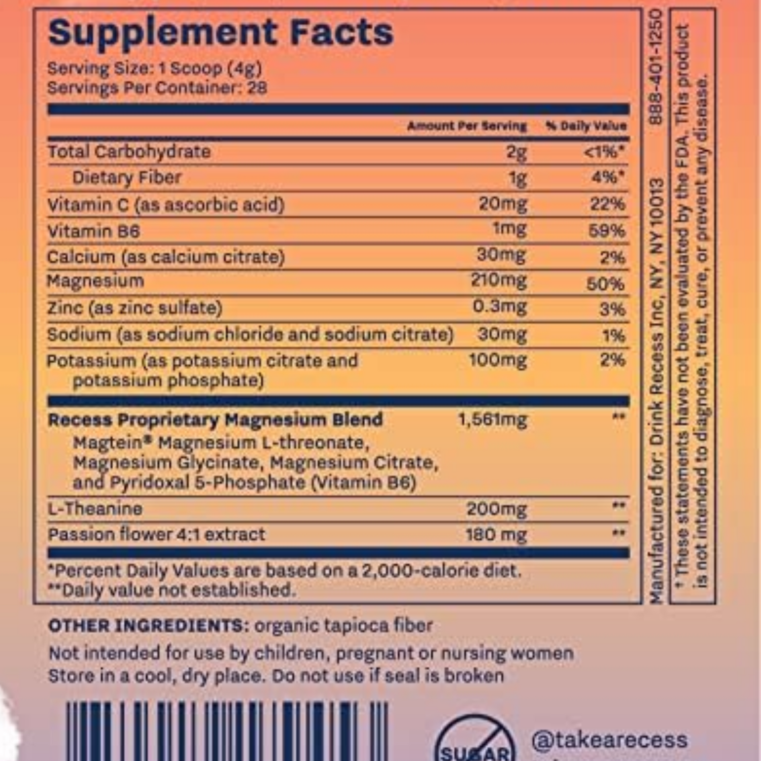 Recess Mood Powder, Calming Magnesium L-Threonate Blend with Passion Flower, L-Theanine Unflavored 28 Serving Tub