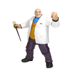 Action figure in a white lab coat with a cane on a light gray background
