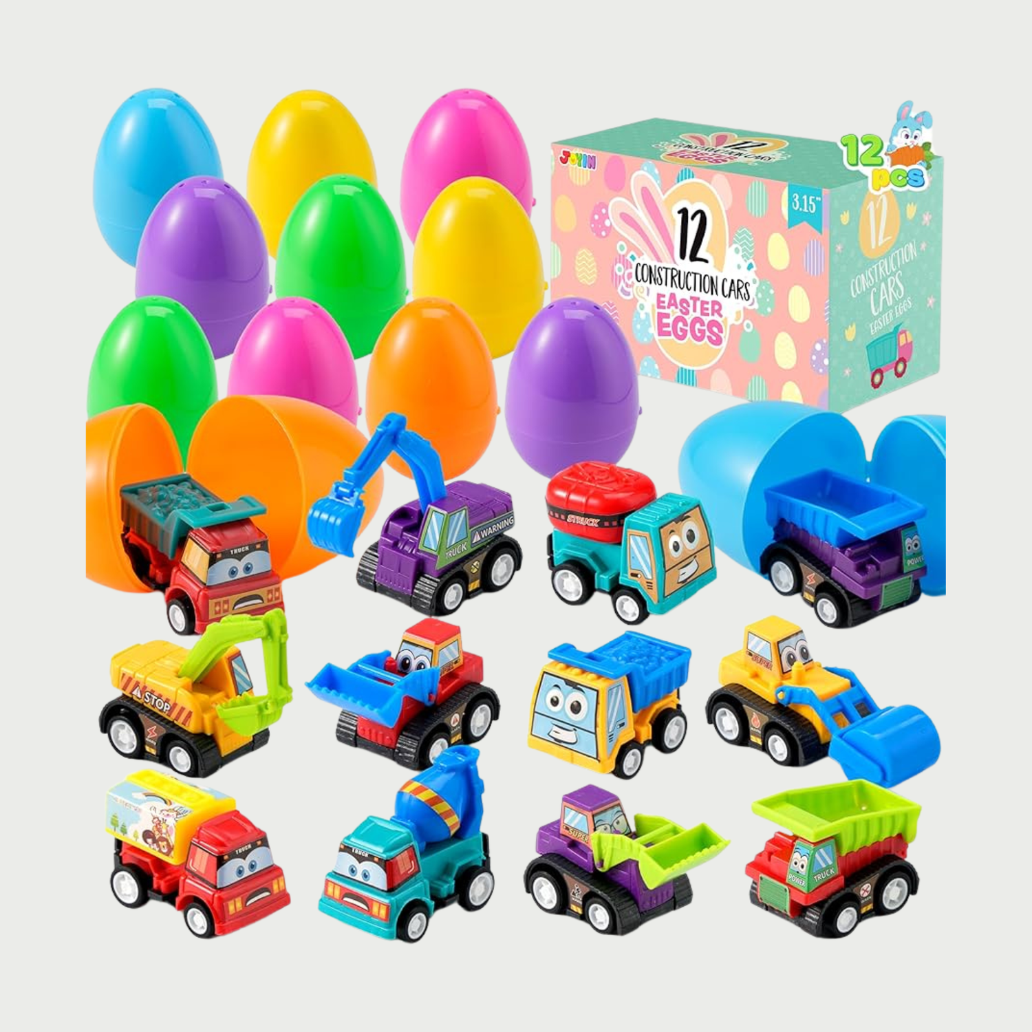 12 Pack Pull Back Cars Prefilled Easter Eggs – 3.2in Toy Vehicles for Egg Hunts