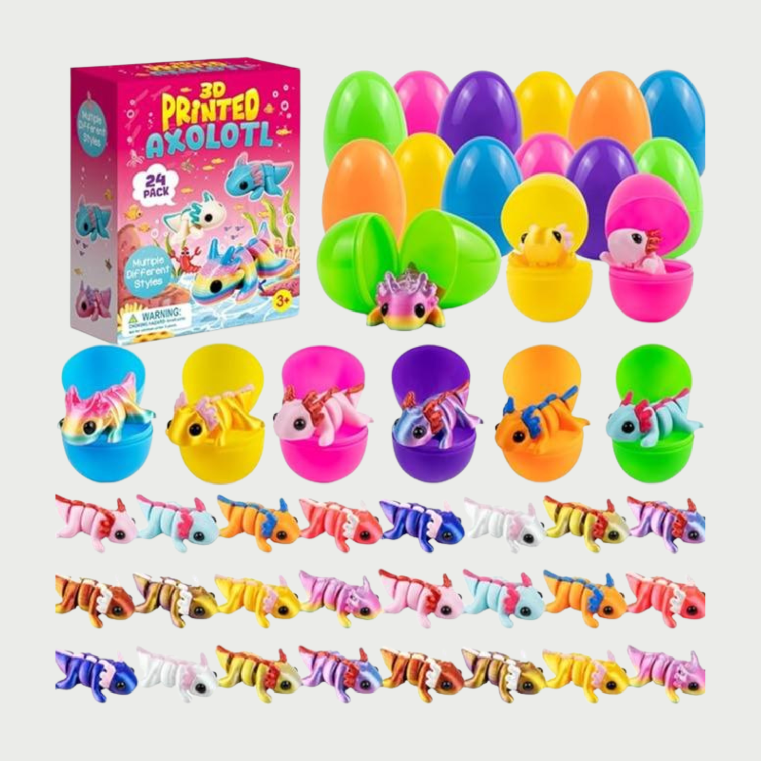 24 Pack Axolotl Prefilled Easter Eggs – Mini 3D Fidget Animal Toys, Easter Basket Stuffers