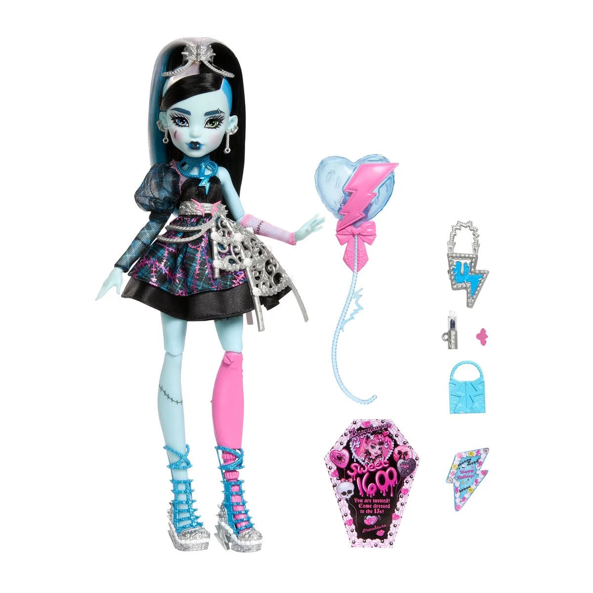 Monster High Scary Sweet Birthday Doll, Frankie Stein in Black Party Dress with Themed Accessories Like Invite, Balloon, Toy, Lipstick and More