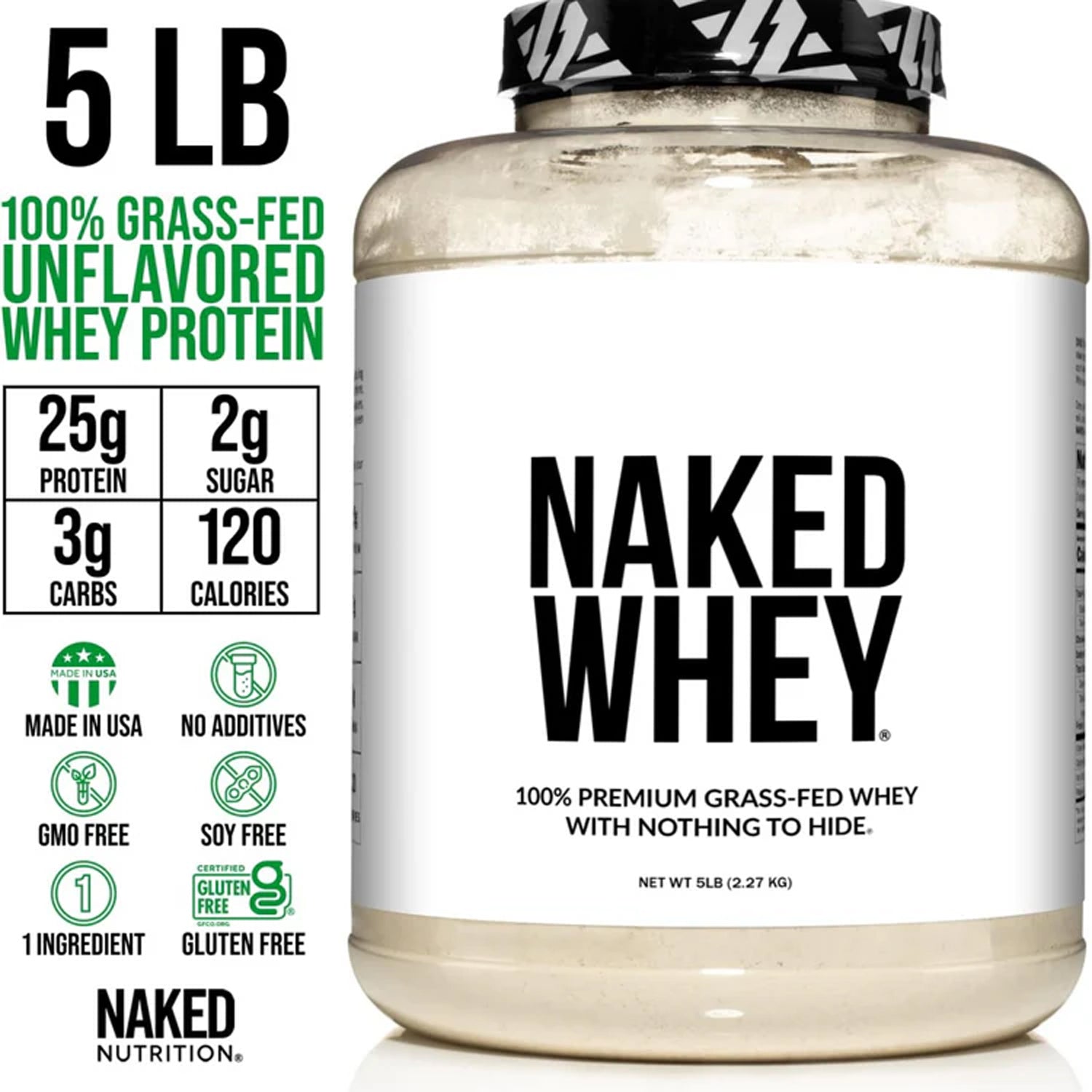 NAKED WHEY 5LB 100% Grass Fed Whey Protein Powder , Unflavored  , 5LB