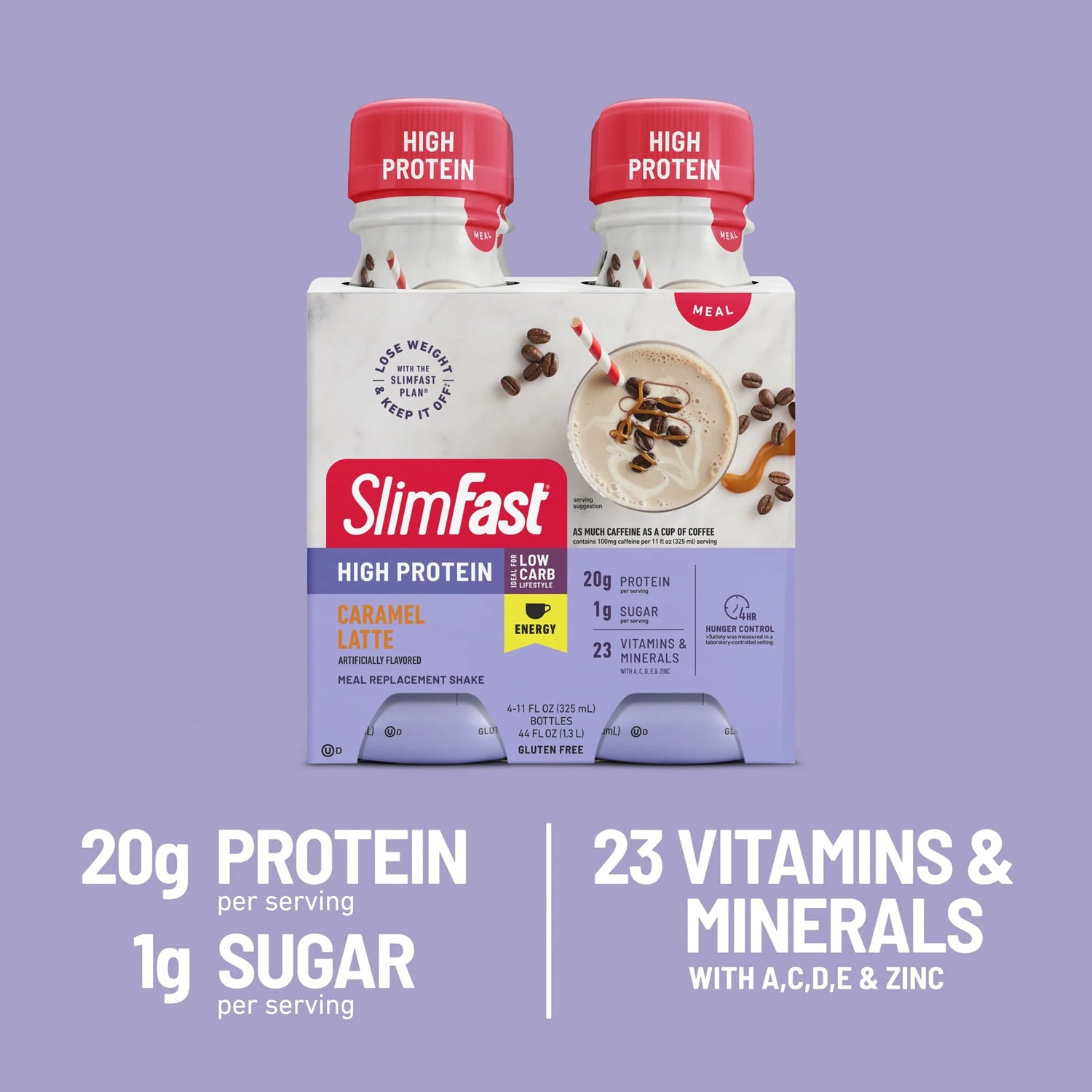 Slimfast Caramel Latte High Protein Energy, Meal Replacement Shake, 11 fl oz, 4 Ct