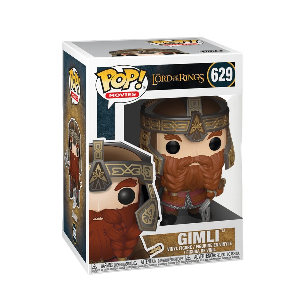 Pop! Movies packaging of Gimli from The Lord of the Rings with box design and figure image.