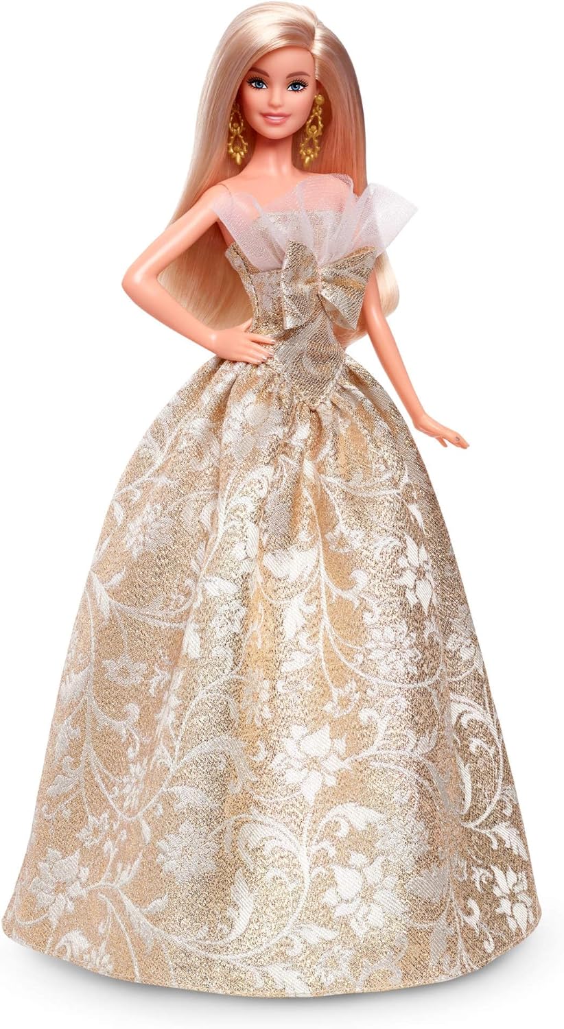 Barbie Signature 2025 Holiday Blonde Fashion Doll Wearing Silver & Gold Gown, Seasonal Collector in Displayable Packaging & Stand